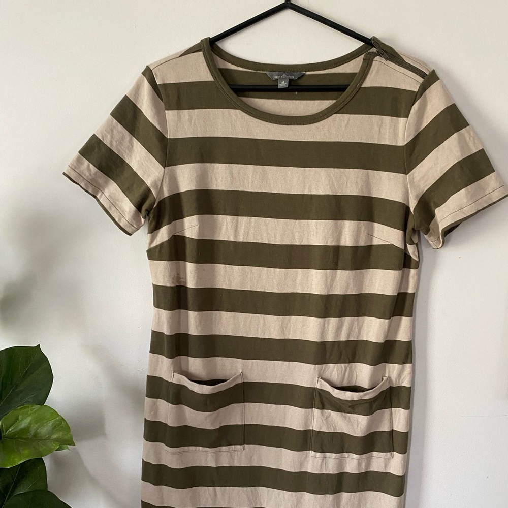 Llbean signature size medium striped tshirt dress tan and olive